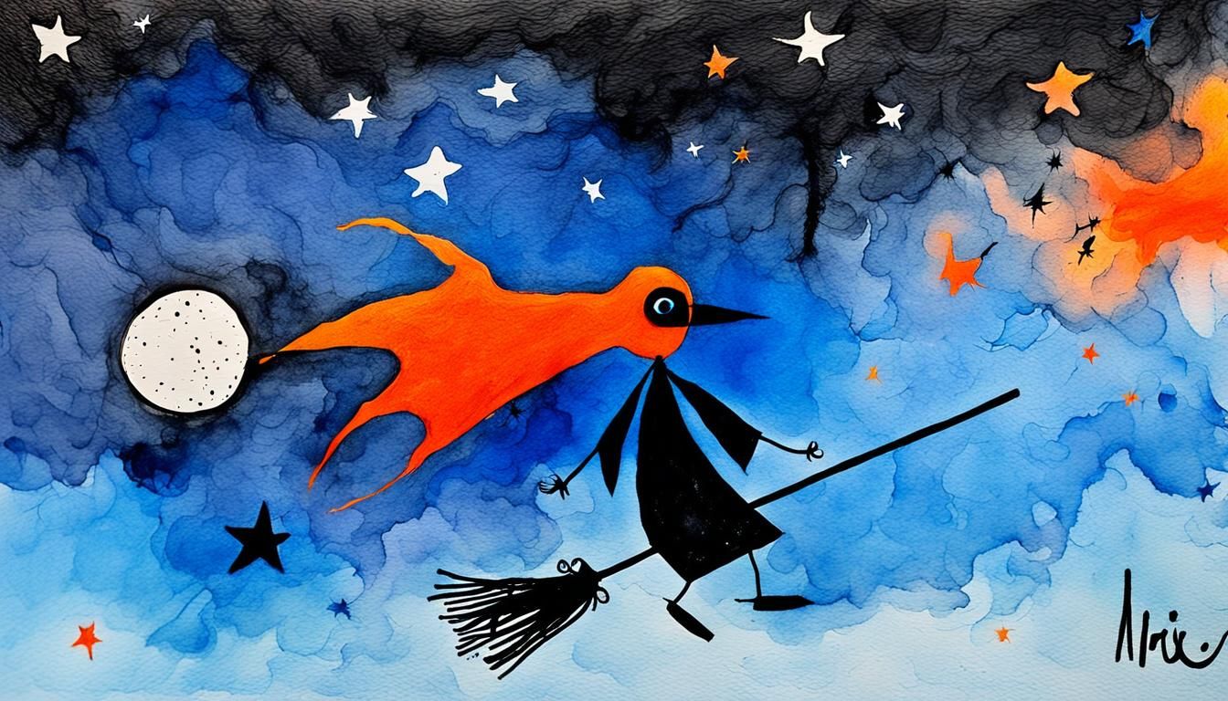 Whimsical Witch Flight in Abstract Expressionist Style