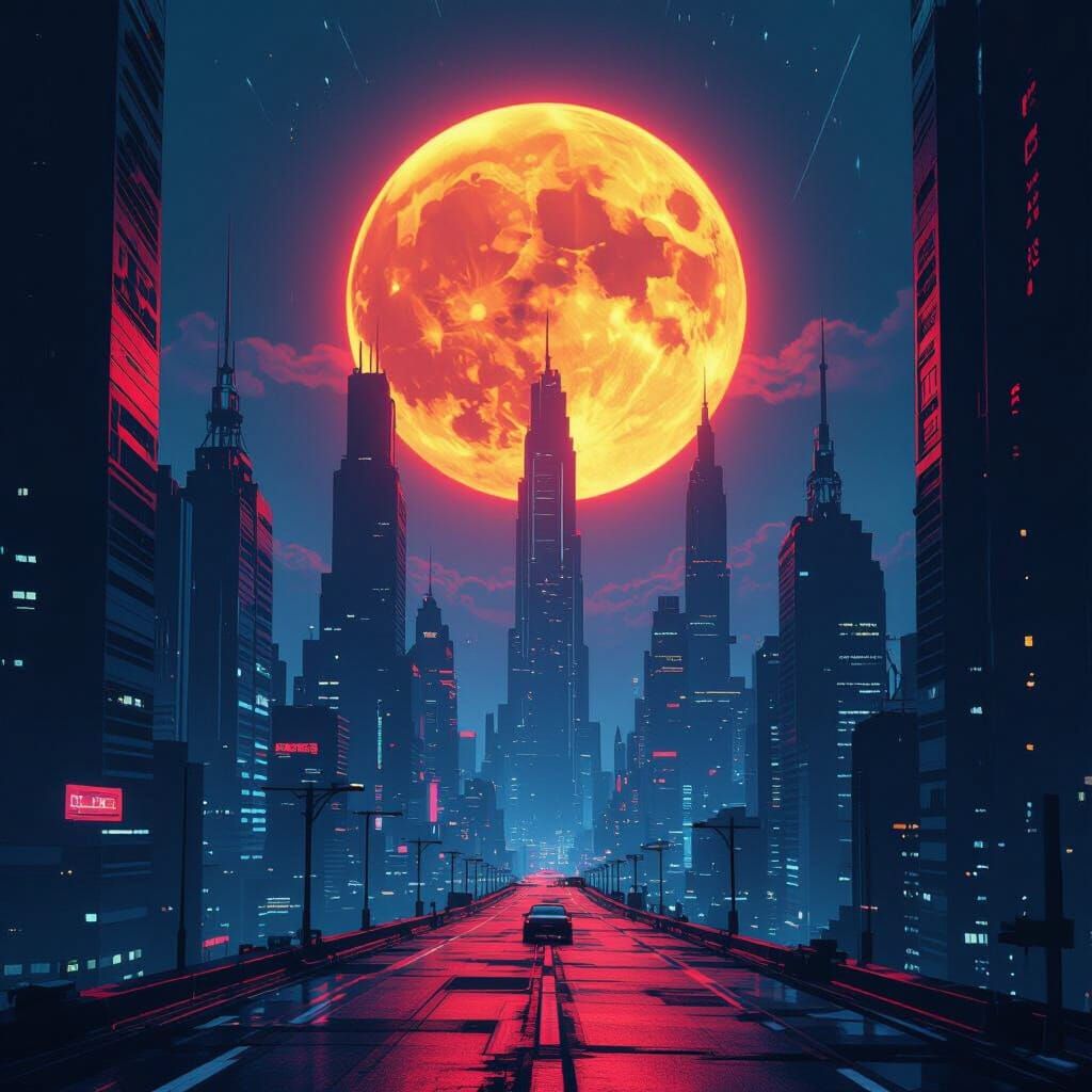 Neon Moon Over Metropolis in Synthwave Style