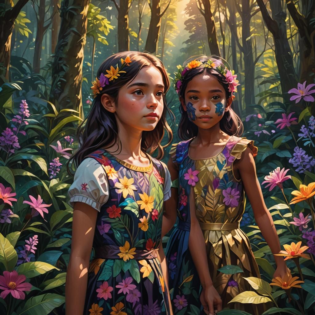 Sisters in Lush Forest: Detailed 3D Concept Art