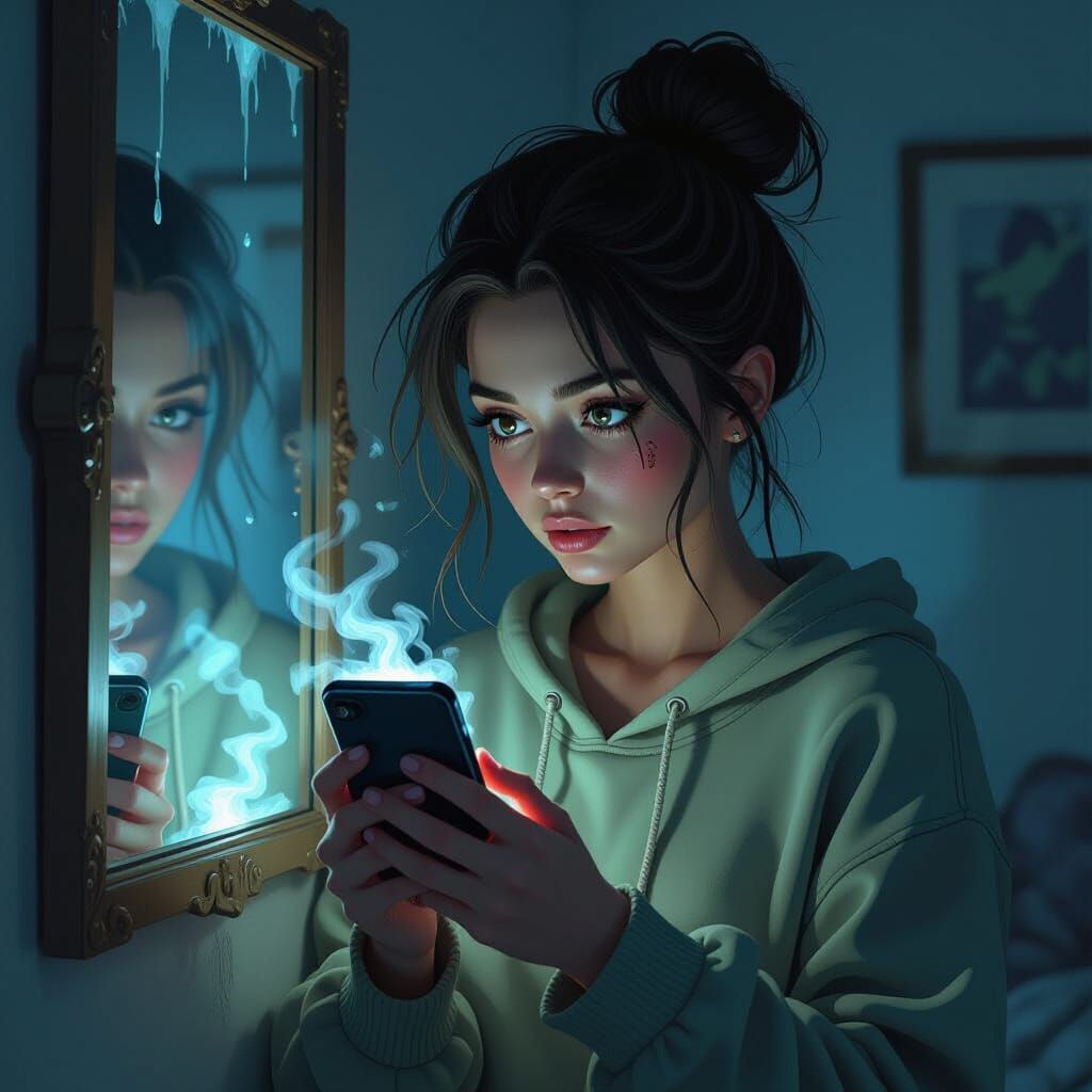 Eerie Digital Art of Tired Person with Smartphone