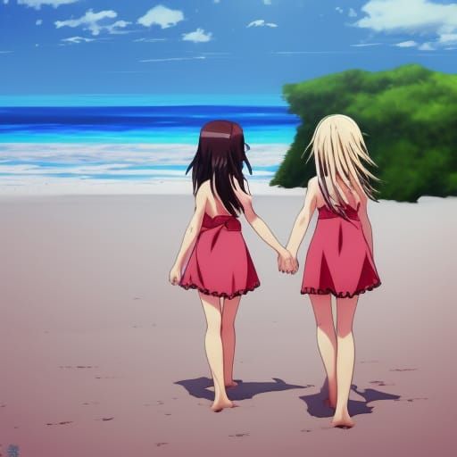 Anime Style: Two Girls' Beach Shadows