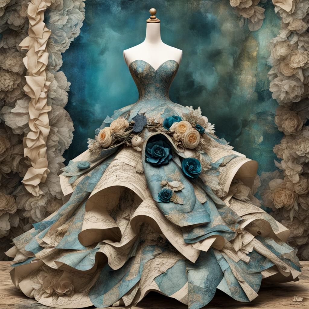 Fine Art Paper Collage Couture Ball Gown on Display Mannequi...