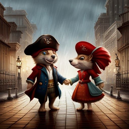 Pirate Mouse and Squirrel in Rainy Street, Detailed Painting