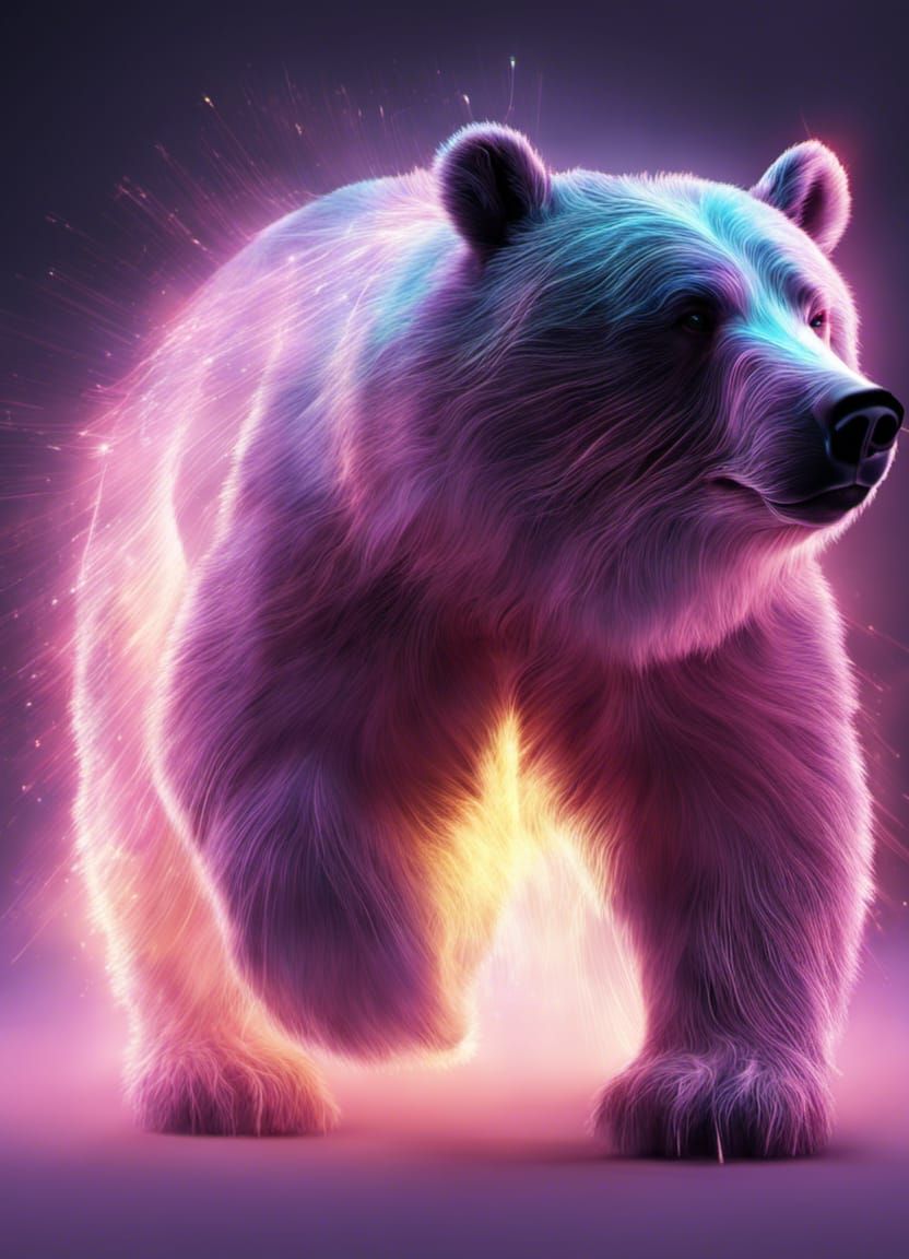Neon Crystal Bear with Holographic Light Trails