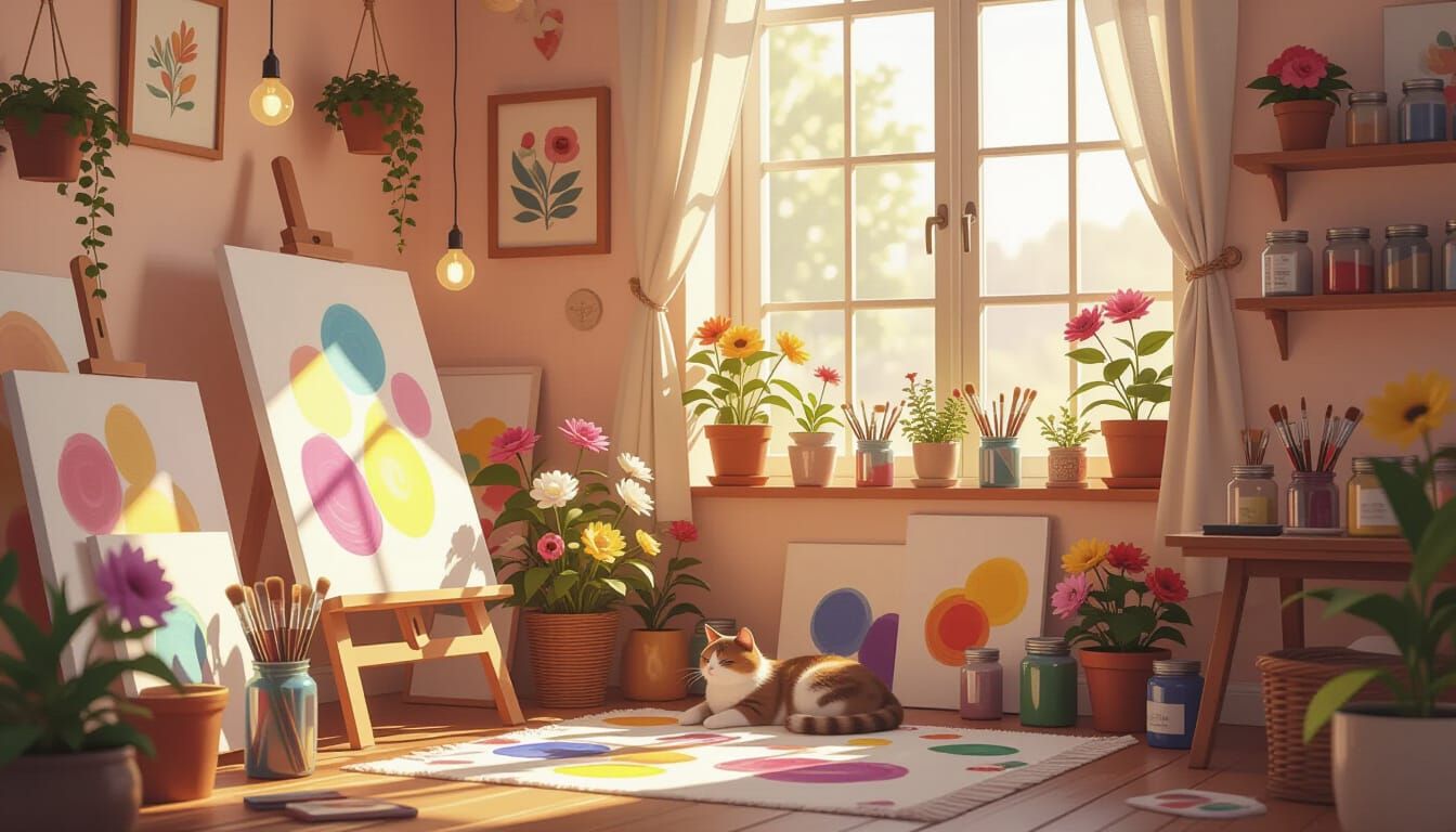 Cozy Magical Art Studio in Warm Sunlight
