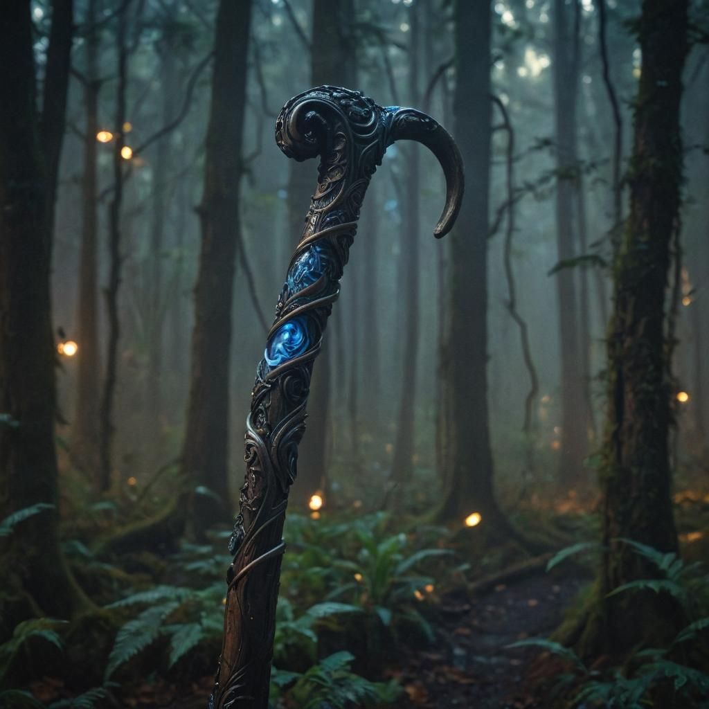 Mystical Walking Cane on Glowing Pedestal