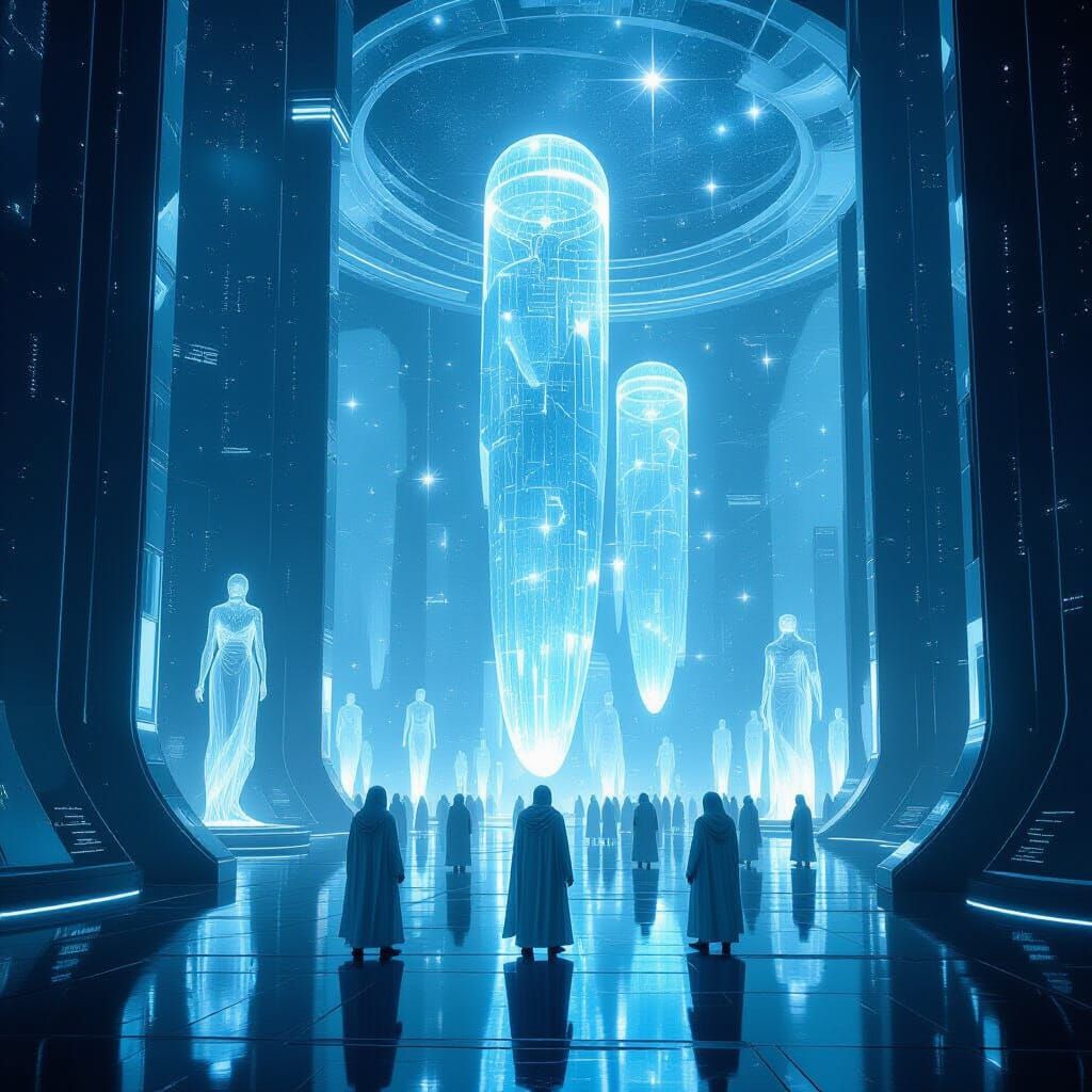 Zepharian Data Hall with Holographic Figures and Cosmic View...