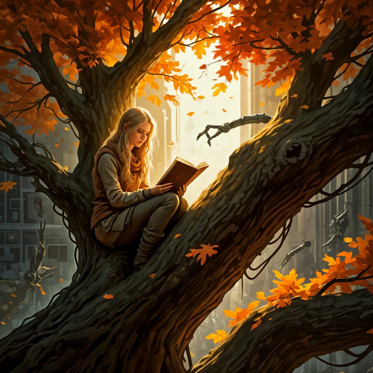 Woman Reading in Futuristic Tree, Impasto Gouache