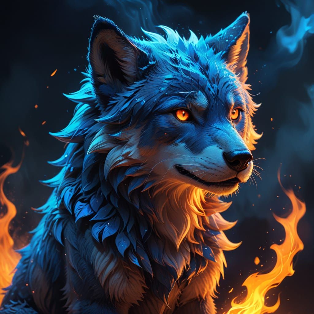 Majestic Fire Wolf Cub with Vibrant Blue Flame