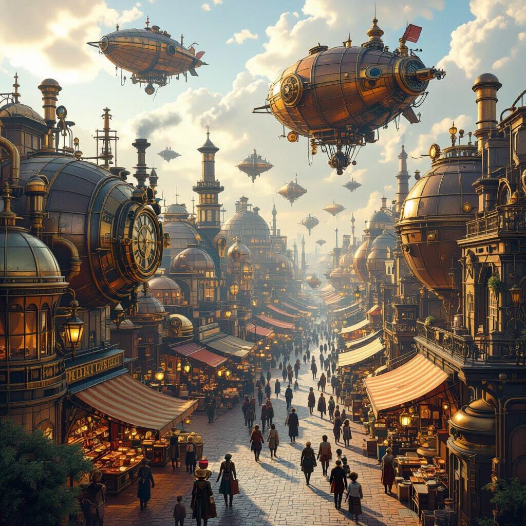Steampunk Marketplace on Airships with Clockwork Automatons