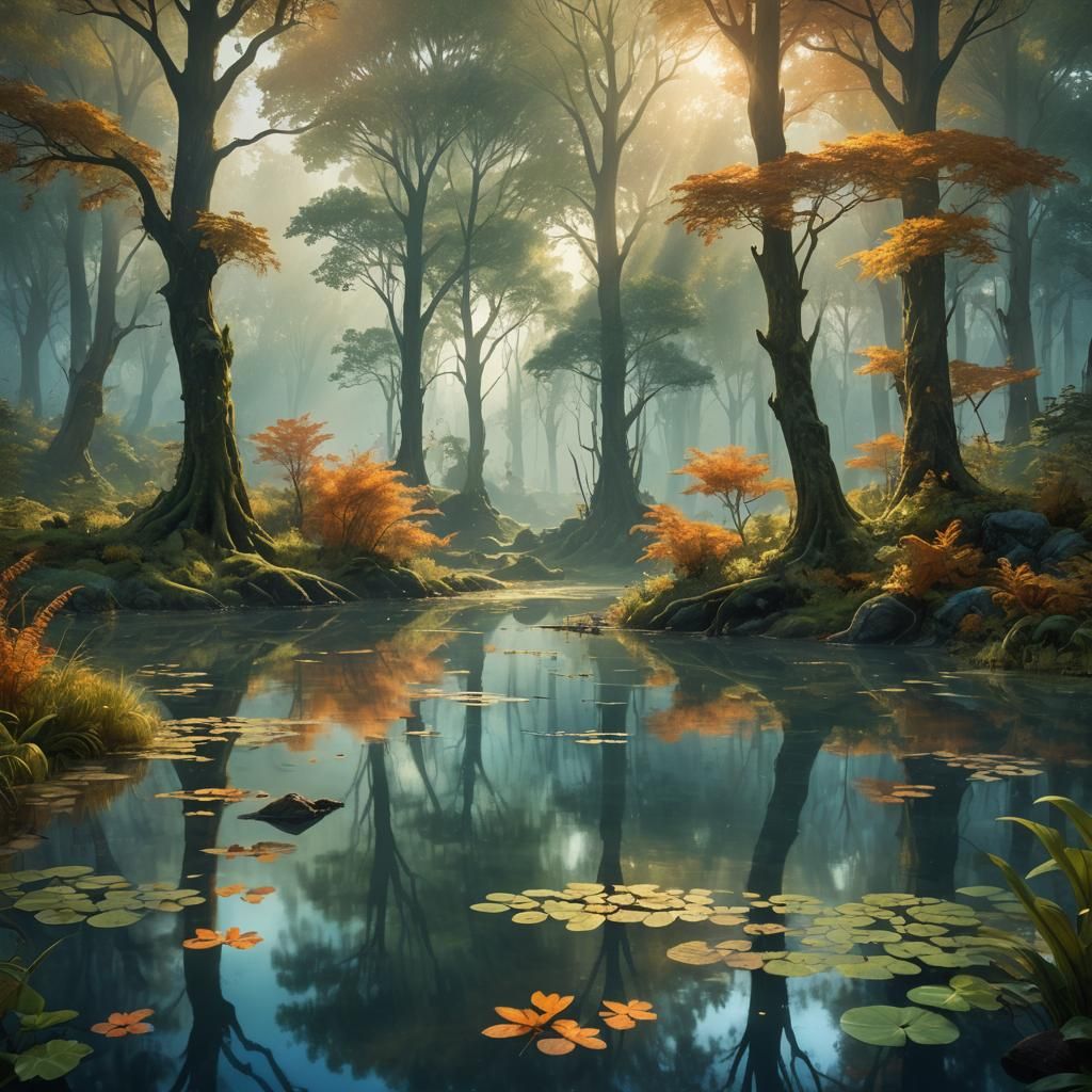 Ethereal Forest Pond in Golden Light: Matte Painting