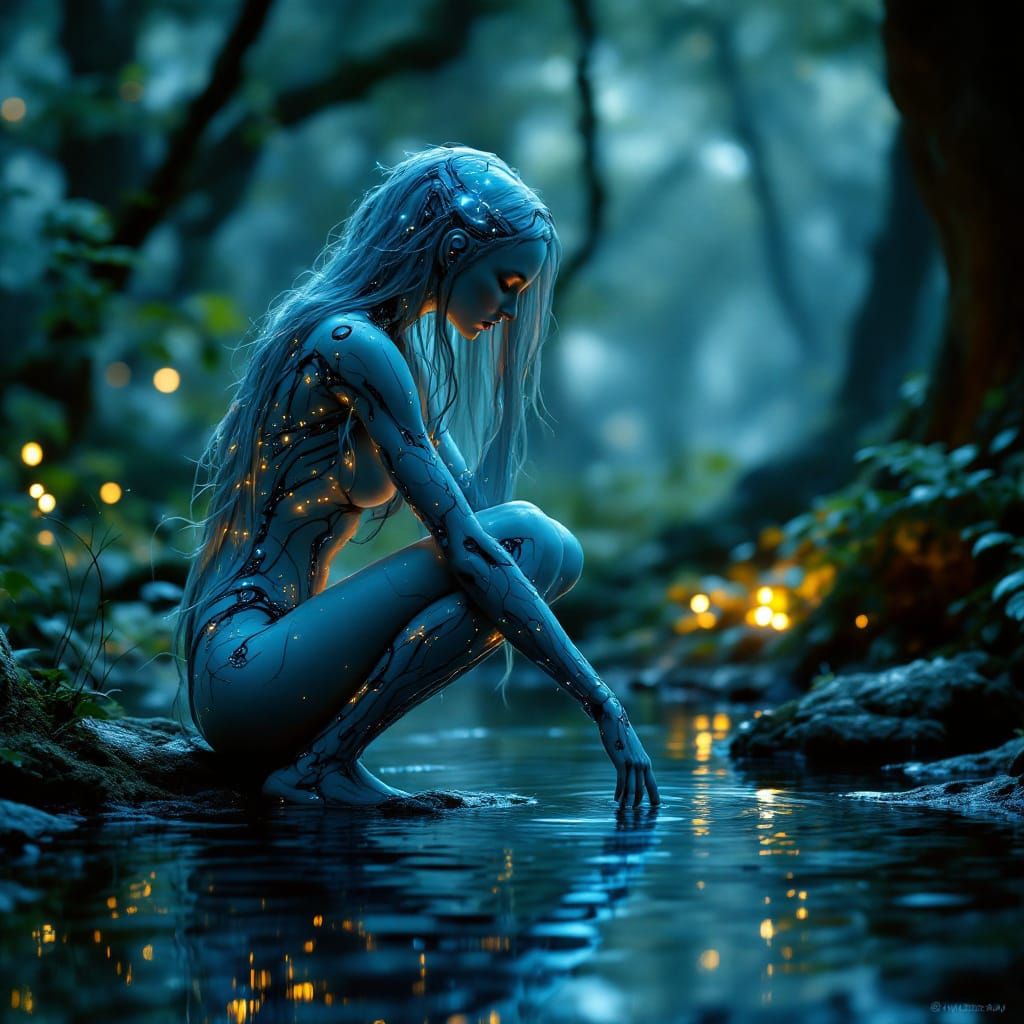 Mithral Cyborg Reflects in Enchanted Feywild Pool