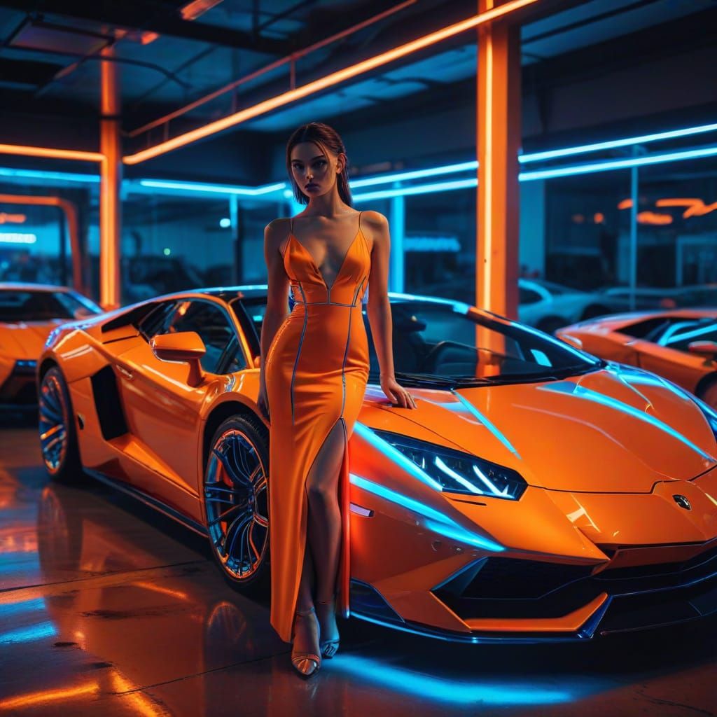 Synthwave Neon Lamborghini in Retro Car Salon