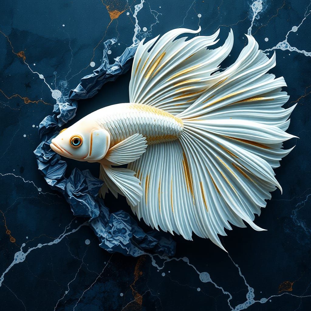 Betta Fish Sculpture Breaking Free from Marble Wall