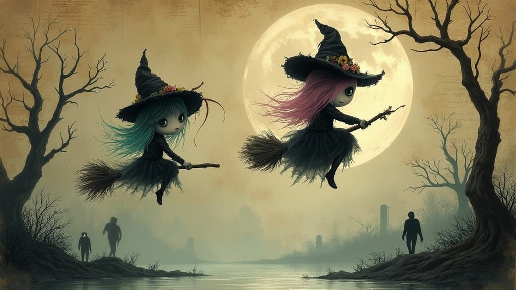 Gothic Witches on Broomsticks Beneath Foggy Moon