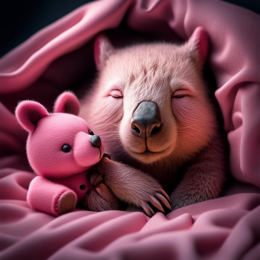Hyperrealistic Pink Wombat Asleep with Teddy Bear