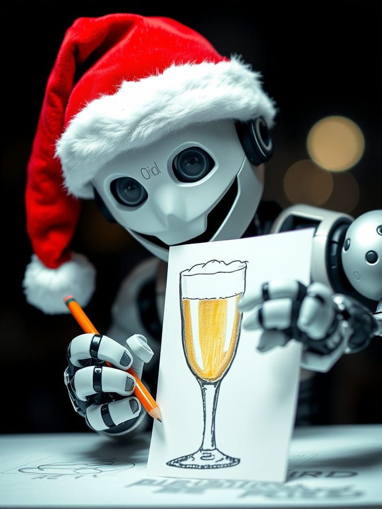 Cybernetic Artist in Santa Hat Captures Realistic Oil Glass