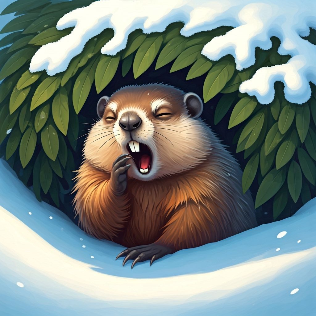 Sleepy Groundhog Yawns in Snowy Bush