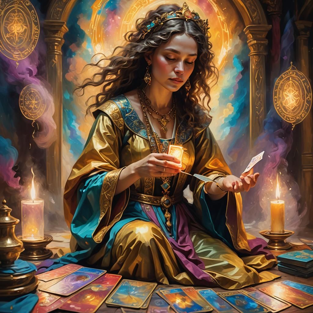 Mystical Psychic with Tarot Cards in Oil Painting