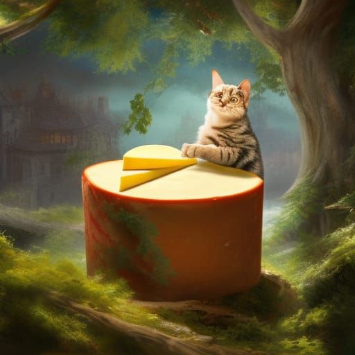 Cat Eating Cheese in Tree: Detailed Matte Painting