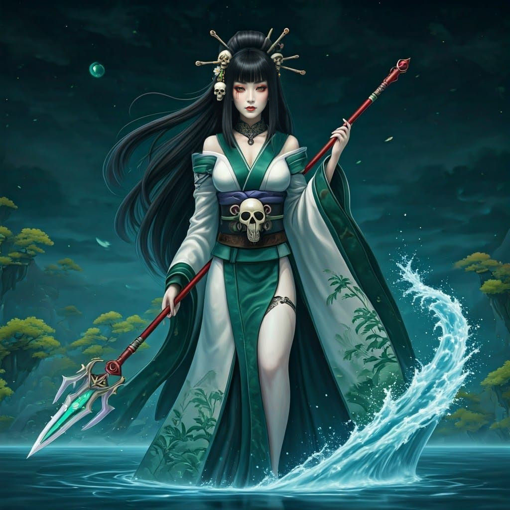 Ethereal Japanese Goddess Stirs the Waters of Heaven