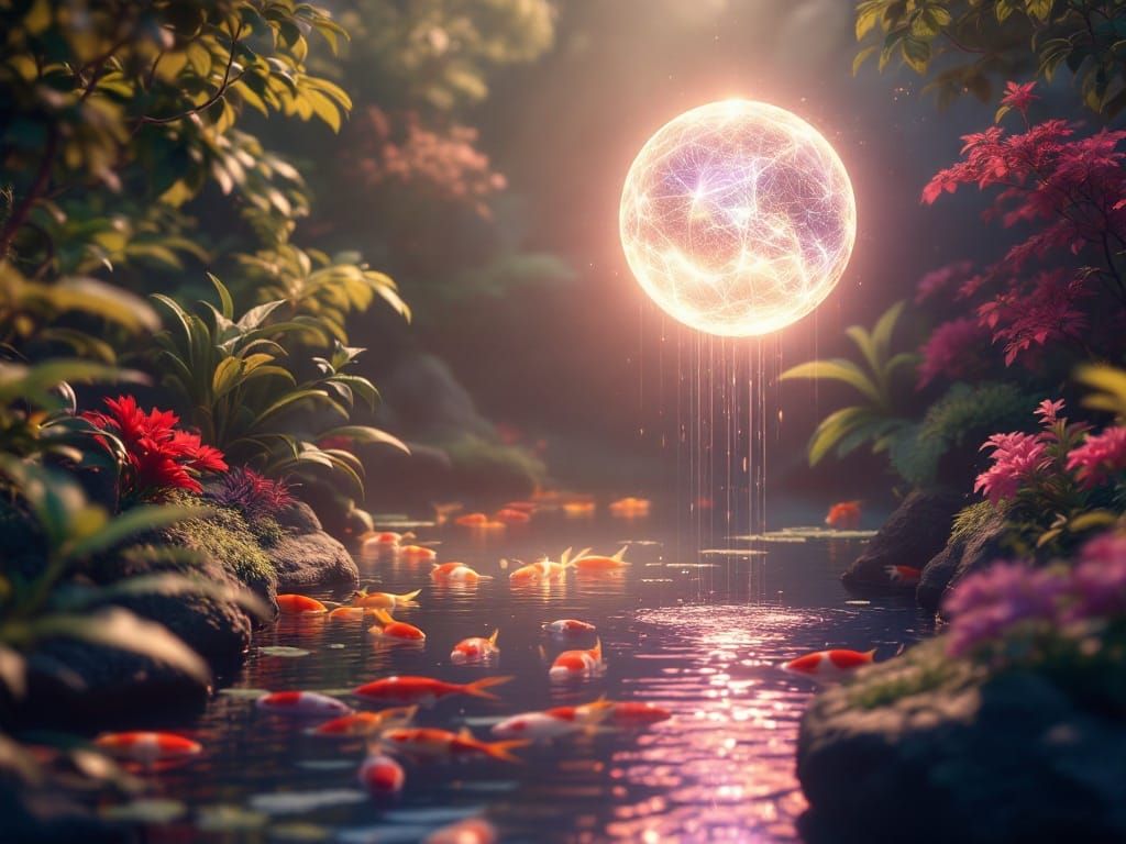 Ethereal Glow Illuminates Japanese Water Garden in Hyperreal...