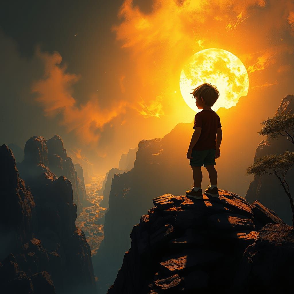 Child Gazing at Fiery Sunset God Rays