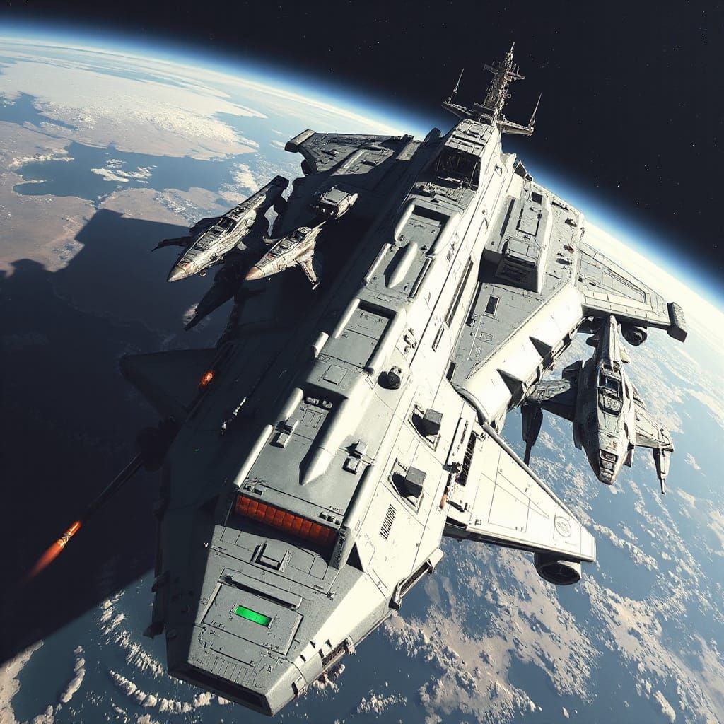 Giant Spaceship Carrier with Fighter Escorts