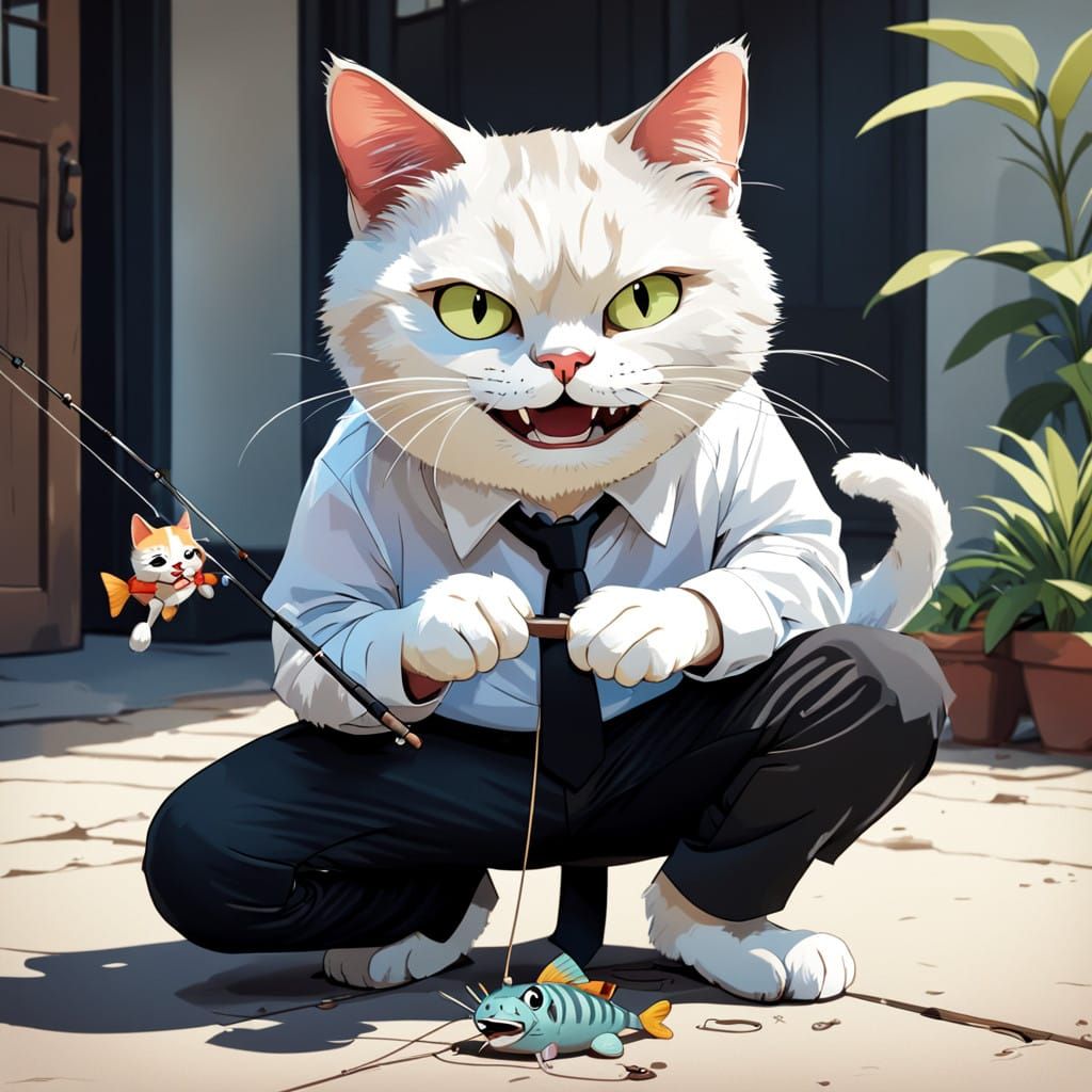 Cheerful Young Man Entices Grumpy Cartoon Cat to Play