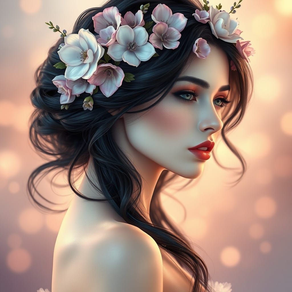 Woman in Ethereal Floral Crown, Watercolour Style