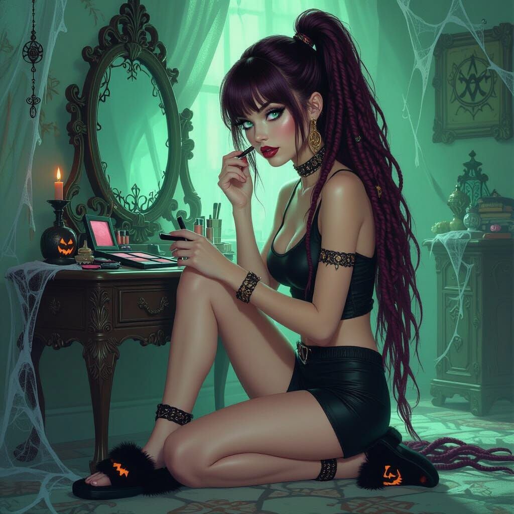 Woman's Morning Ritual in Eerie, Witchy Bedroom