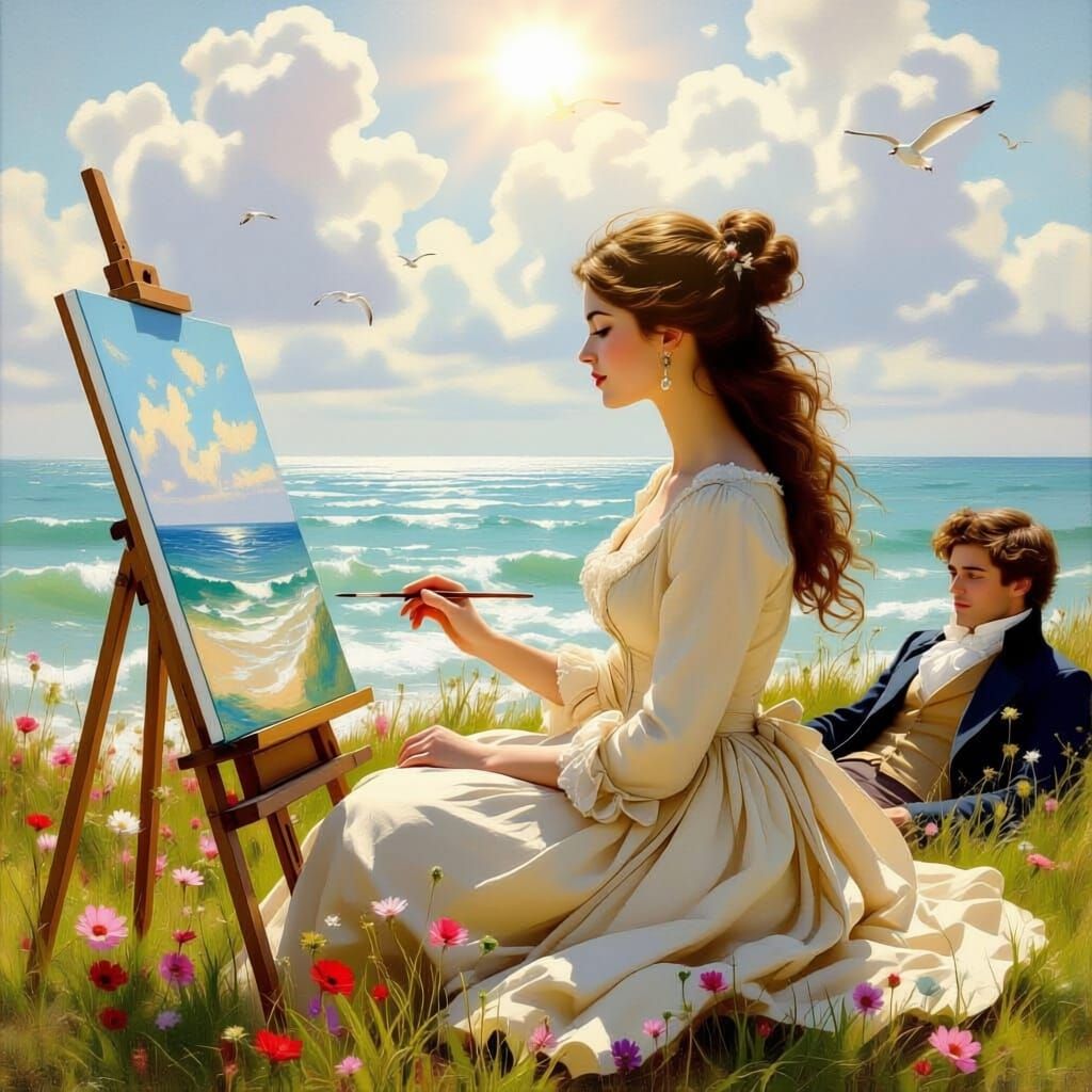 Regency Romance: Artist Paints Serene Ocean View