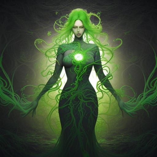 Double exposure surrealism, the silhouette of a green-clad f...