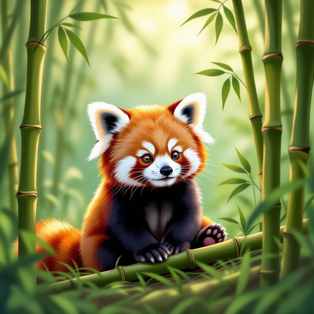 Adorable Baby Red Panda in Bamboo Forest