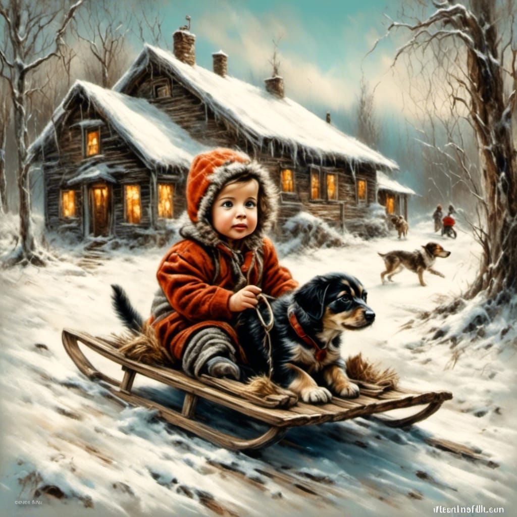 Toddler Girl and Puppy Sledding in Snow, Surreal Digital Art