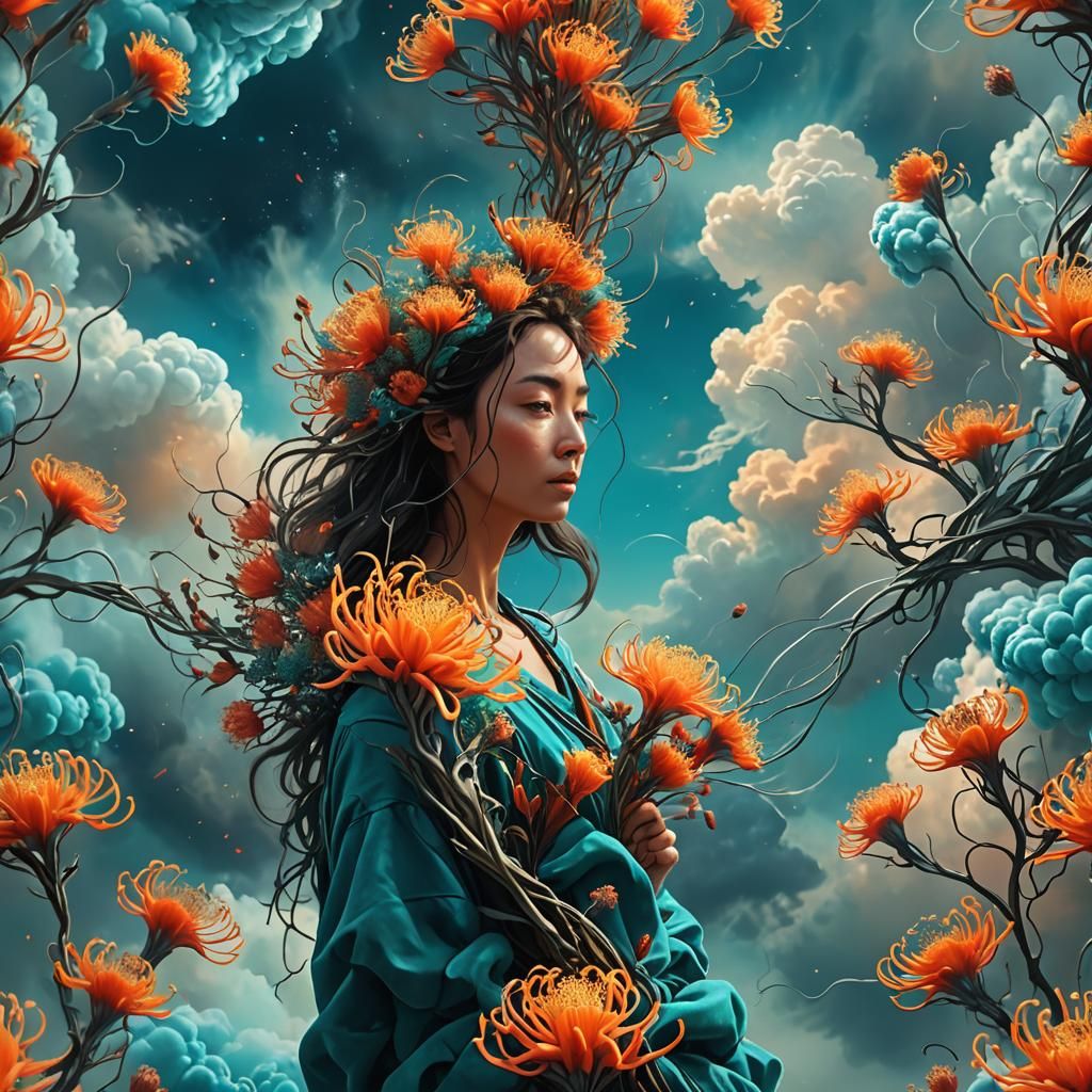 Woman with Surreal Flowers in Digital Art