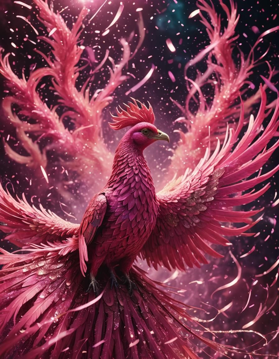 Pink Phoenix in Glitter Vortex: Cinematic Film Still