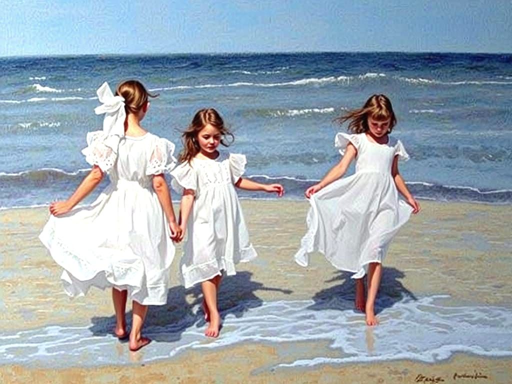 Impressionisric painting of Three girls in white dresses on a windy beach, no fauna. Twi girls have their backs to the v...