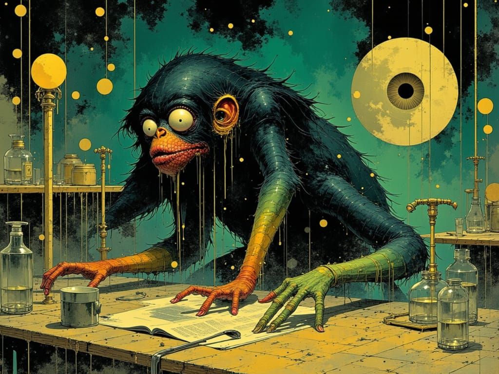 Surreal Monkey Homunculus with Jellyfish Beak in Ethereal La...