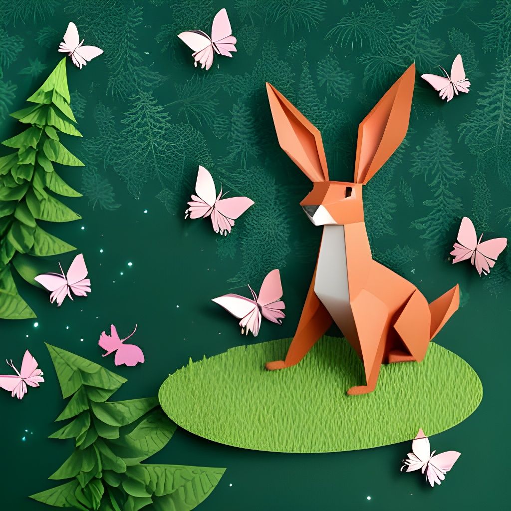 Origami Hare in Forest Scene Papercraft