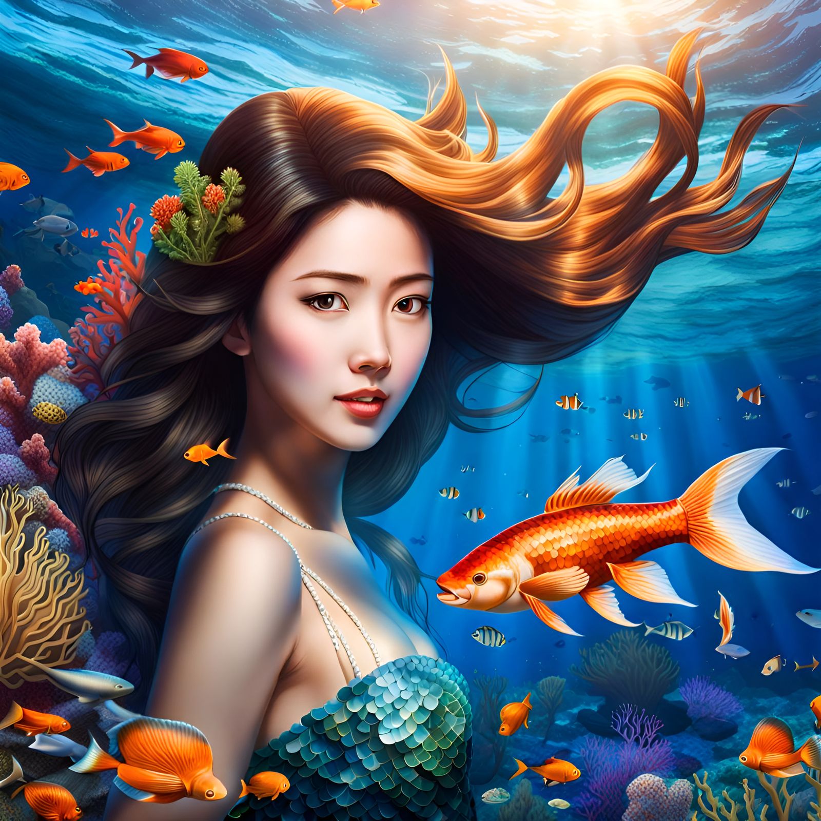 Mosaic Style Asian Mermaid Underwater Seascape