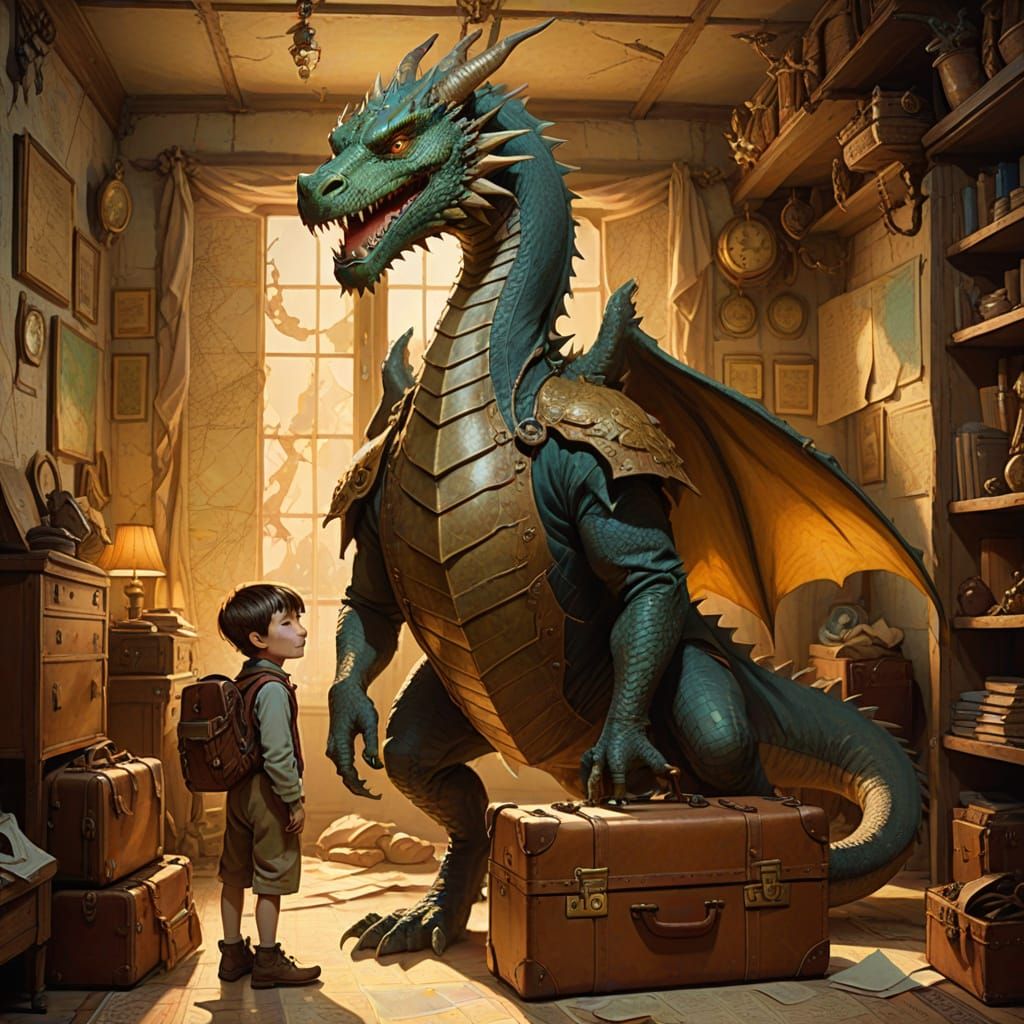 Dragon and Child in Whimsical Fantasy Setting