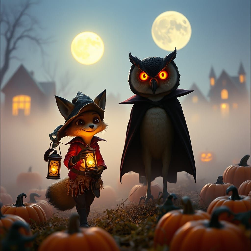 Pirate Fox and Vampire Owl in Foggy Pumpkin Patch