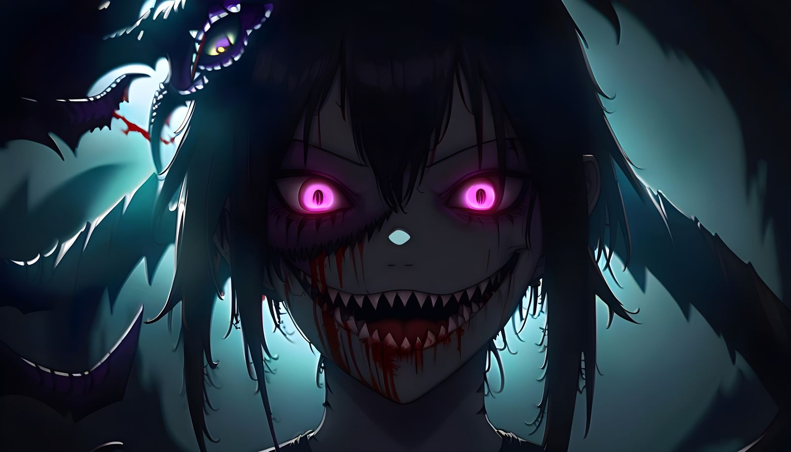 Anime Horror Monster Girl with Bloody Teeth