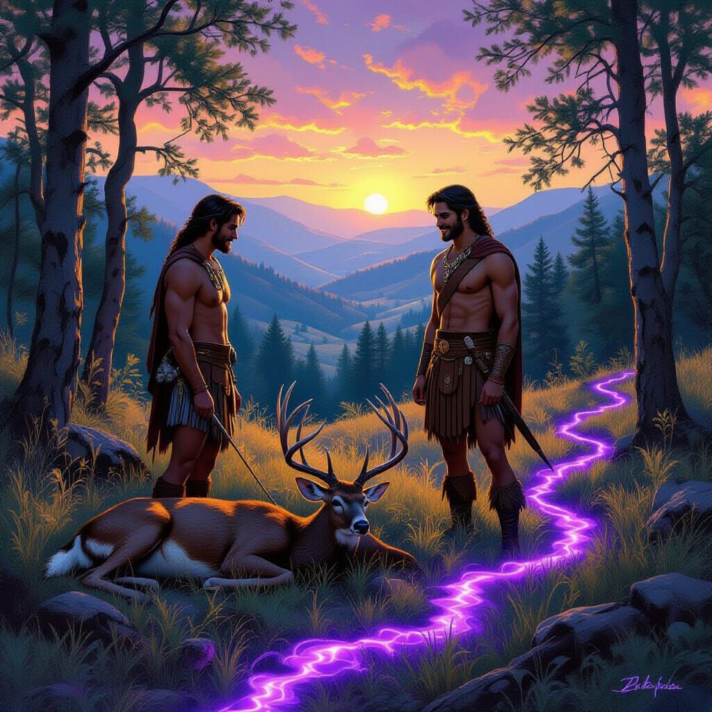 Greek Hunters in Forest at Dawn, Surreal Landscape