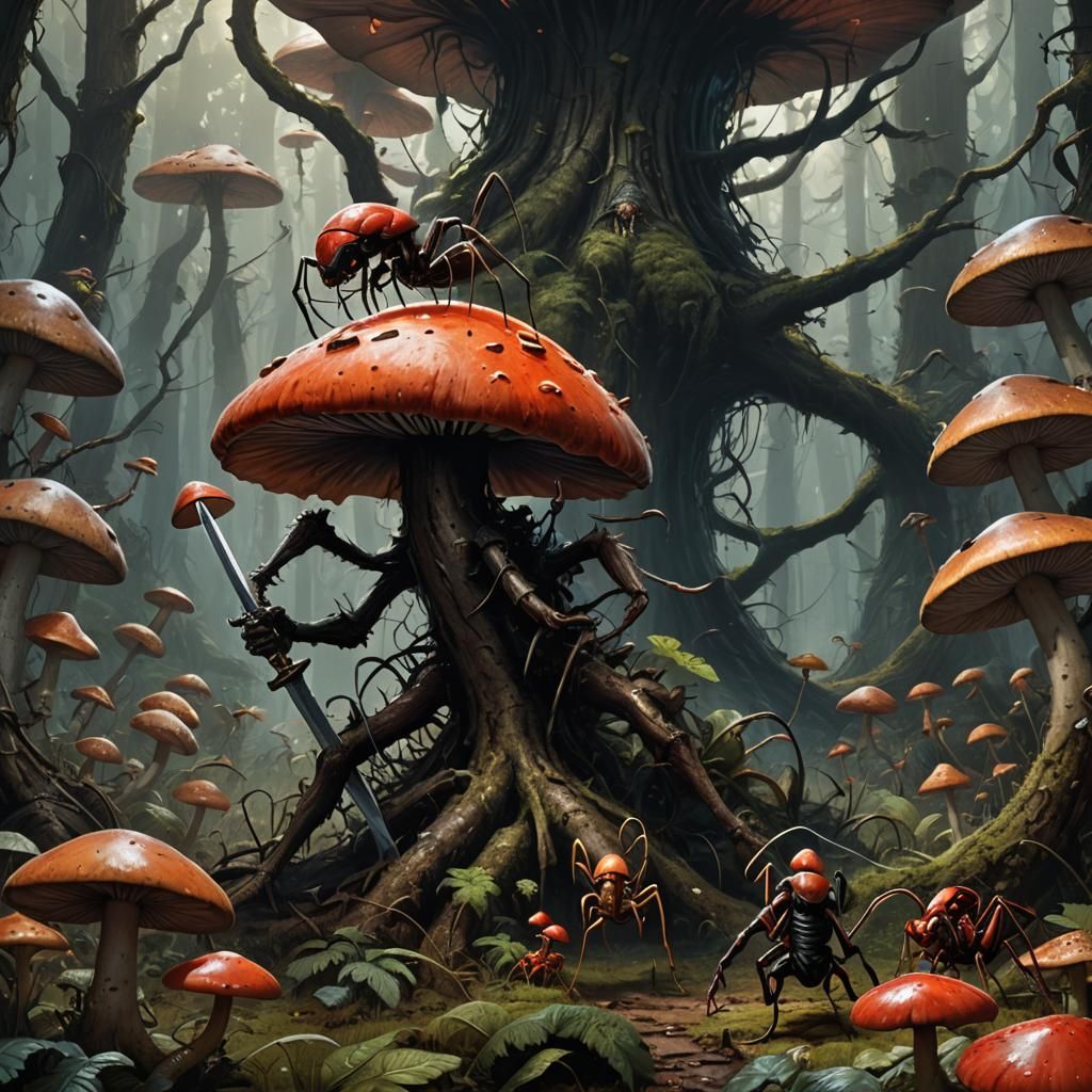 Mushroom Man Battles Giant Ant in Dark Forest