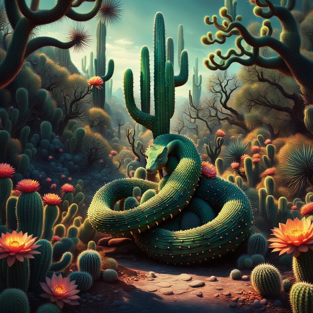 Cactus Serpent in Glowing Forest, Fantasy Concept Art