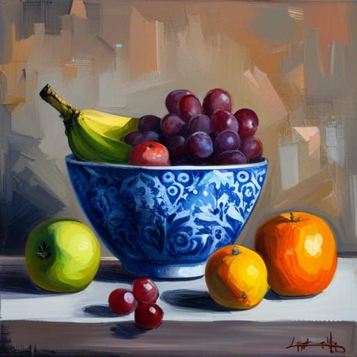 Abstract Still Life Oil Painting with Fruit and Palette Knif...