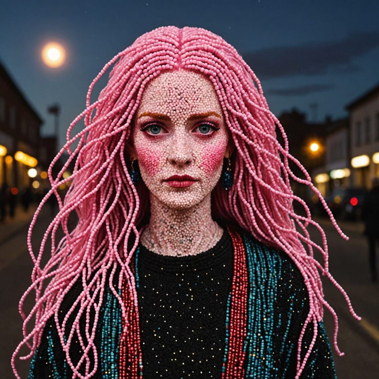 Beaded Portrait of a Pink-Haired Woman at Night