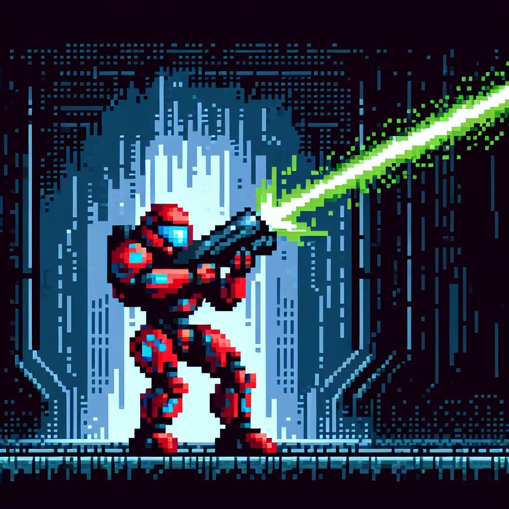 Pixel Art Robotic Soldier in Foreboding Landscape